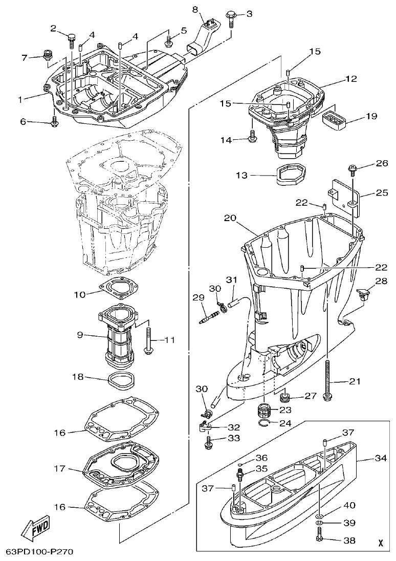 Yamaha F150FET, FL150FET UPPER CASING parts diagram
